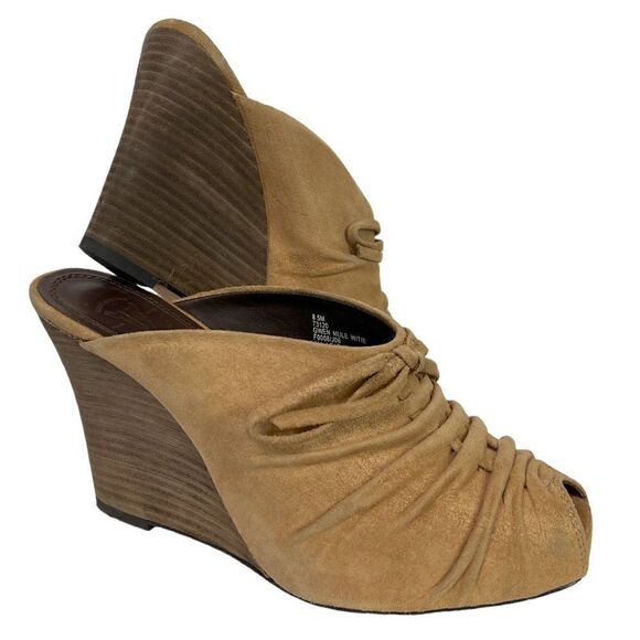 Frye Gwen Mule with Tie Ruched Peep Toe Wedge Heels in Tan Suede Size 8.5 M - Picture 1 of 9